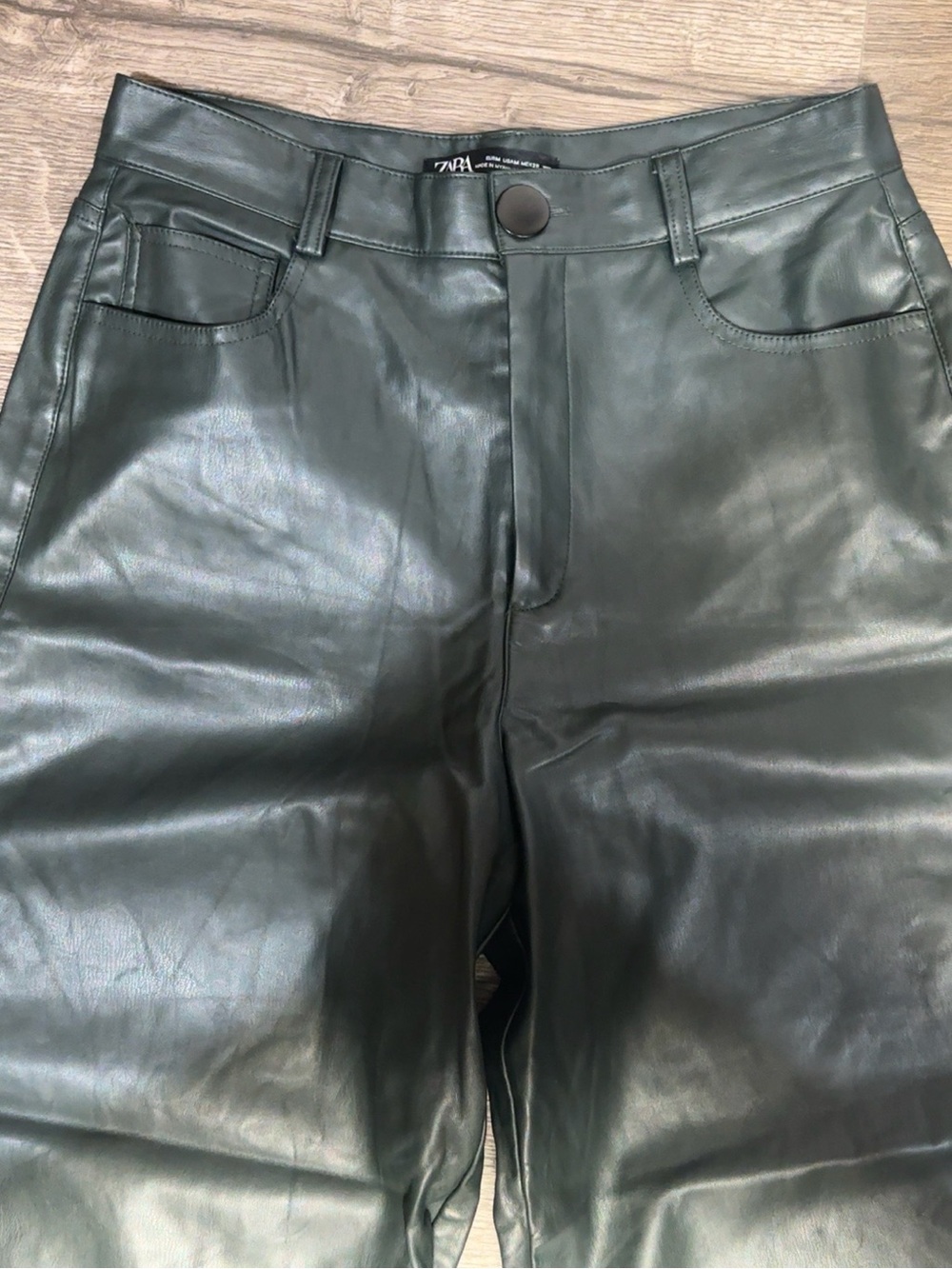 ZARA Dark Green Faux Leather High Rise Wide Leg Pants Size M - Picture 4 of 13